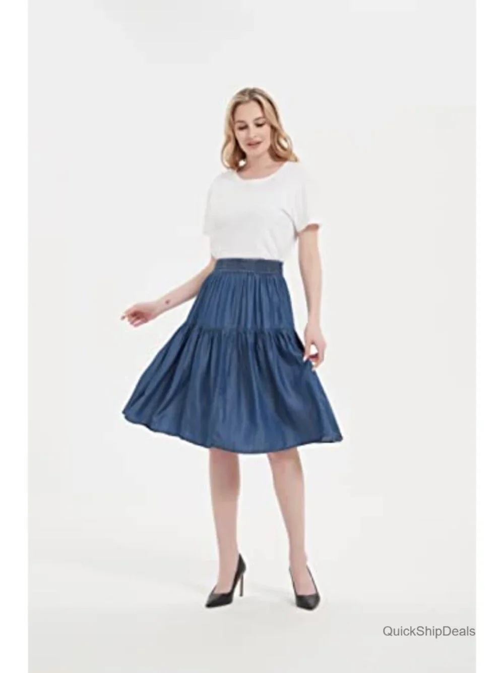 Tencel Denim Tiered A-Line Skirt Women Knee Length Elastic Waist